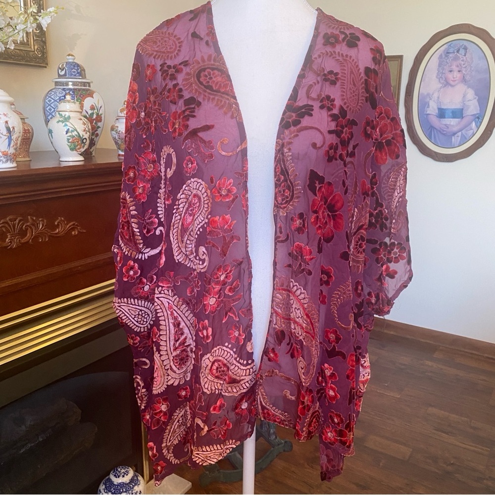 Umgee Burnout Velvet Kimono Duster Burgundy Paisley Floral M/L